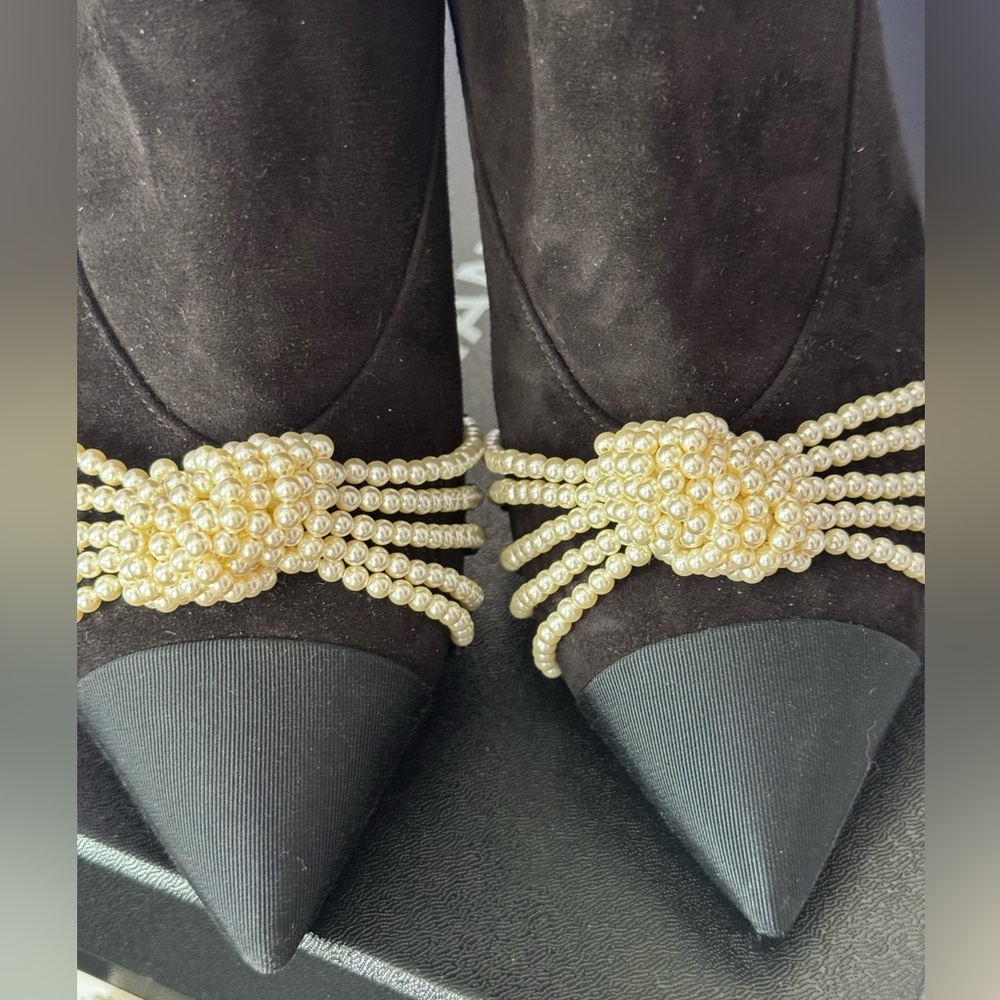 Chanel Black Pearl-Embellished Suede Ankle Boots - Women with golden CC heels - Picture 16 of 16
